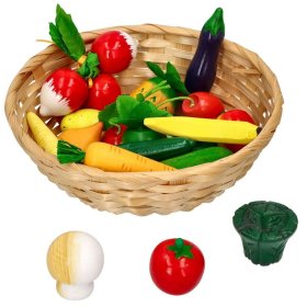 Obst und Gemüse aus Holz in einem Korb mit 21 Stück, Goki
