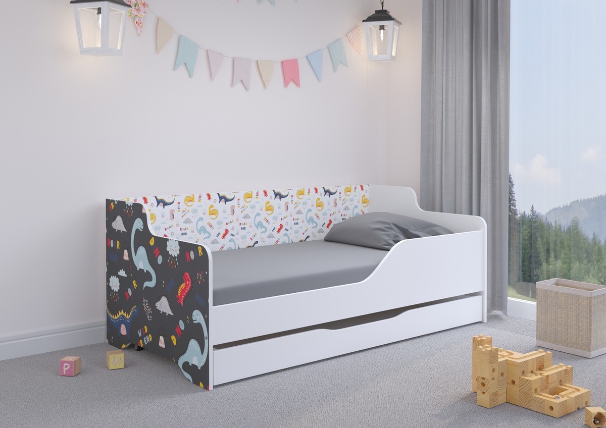 Kinderbett mit Rückwand LILU 160 x 80 cm - Dinosaurier - Bett a barriere linkes seite + lagerung raum
