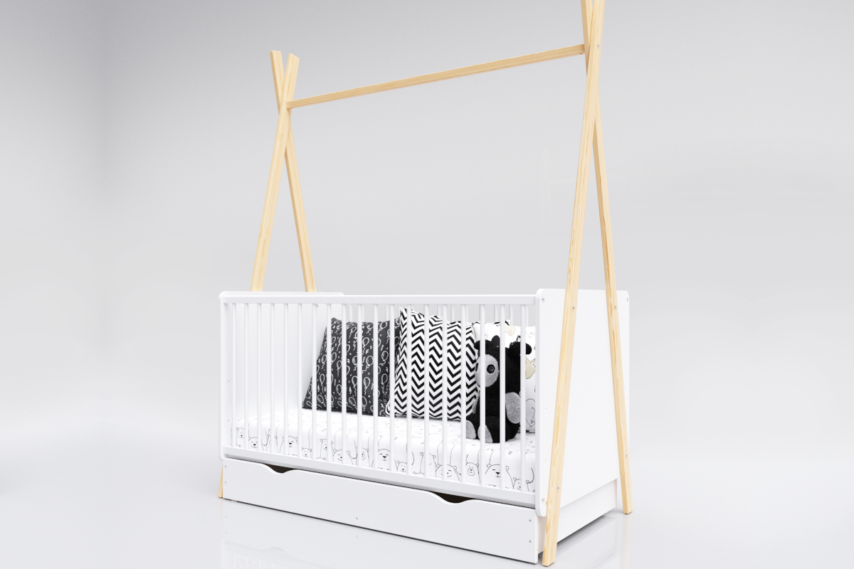 Tipi-Kinderbett 140x70 cm - weiß / natur - Babybett + Stauraum 140x70 cm