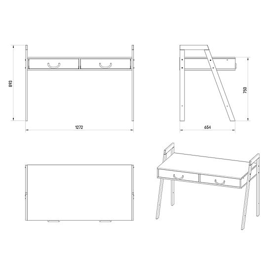 2-in-1 Kinderbett und Schreibtisch CONE 120x60 - WEISS