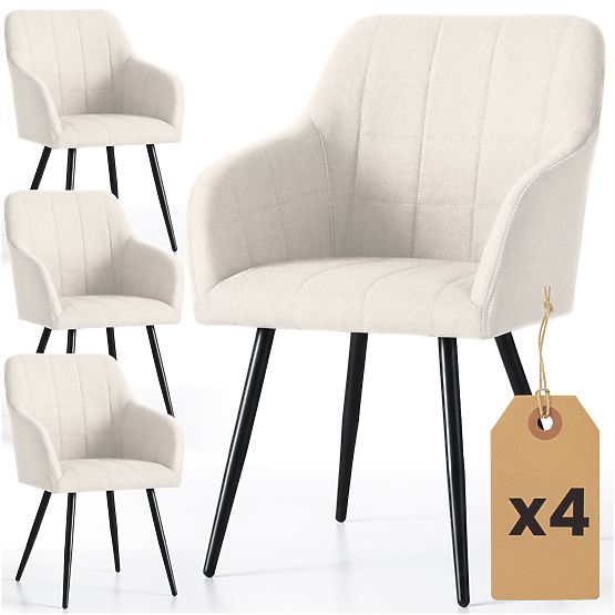 4x Gepolsterter Stuhl mit quadratischer Steppung Creme LUXANO Schwarze Beine Stoff Lumos