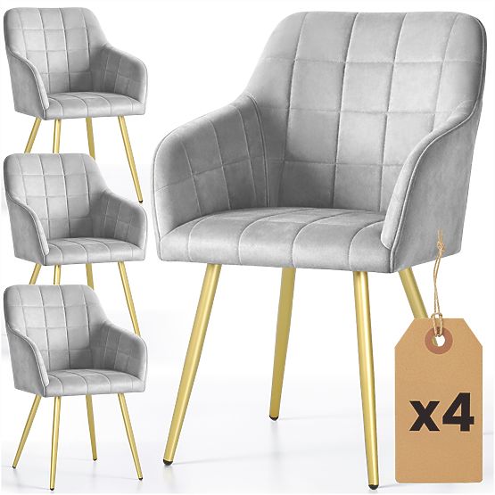 4x Gepolsterter Stuhl mit quadratischer Steppung Grau LUXANO Goldene Beine