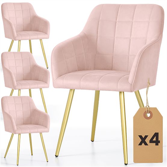 4x Gepolsterter Stuhl mit quadratischer Steppung Puderrosa LUXANO Goldene Beine