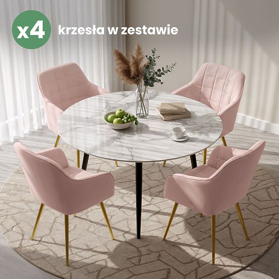 4x Gepolsterter Stuhl mit quadratischer Steppung Puderrosa LUXANO Goldene Beine
