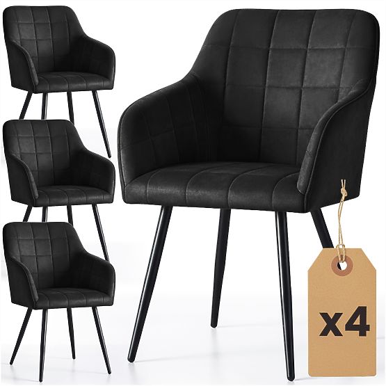 4x Gepolsterter Stuhl mit quadratischer Steppung Schwarz LUXANO Schwarze Beine