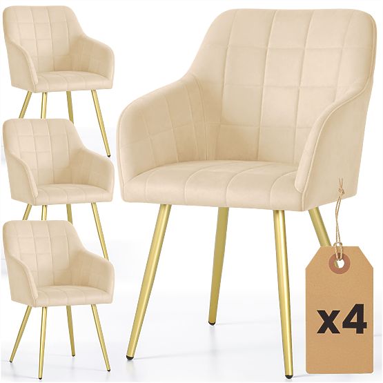 4x Polsterstuhl mit quadratischer Steppung Beige LUXANO Goldene Beine