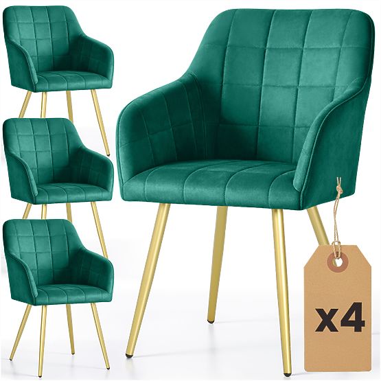 4x Polsterstuhl mit quadratischer Steppung Flaschengrün LUXANO Goldene Beine
