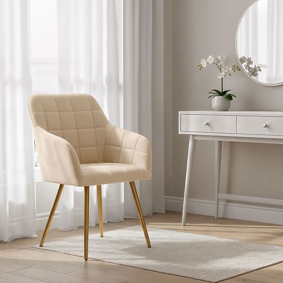 6x Gepolsterter Stuhl mit quadratischer Steppung Beige LUXANO Goldene Beine