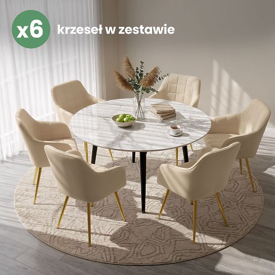 6x Gepolsterter Stuhl mit quadratischer Steppung Beige LUXANO Goldene Beine