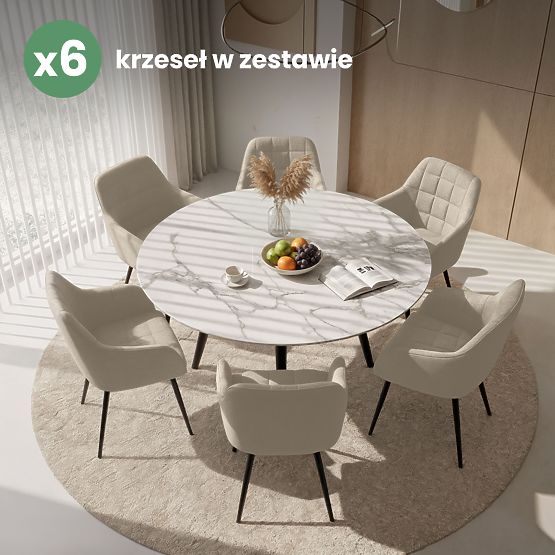 6x Gepolsterter Stuhl mit quadratischer Steppung Beige LUXANO Schwarze Beine Stoff Lumos