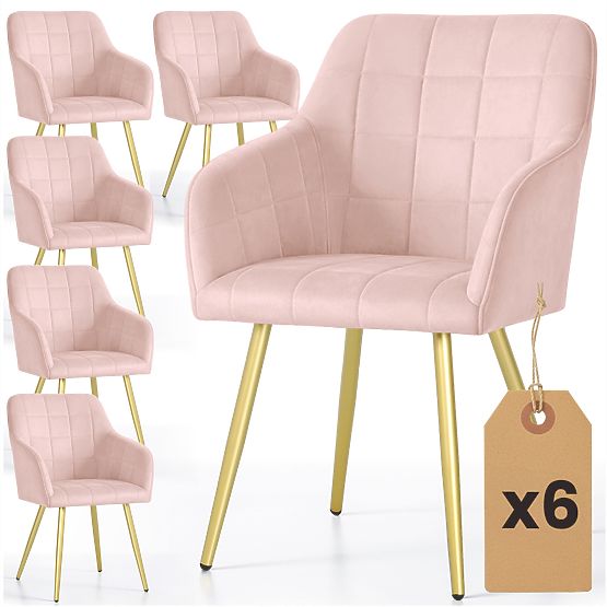 6x Gepolsterter Stuhl mit quadratischer Steppung Puderrosa LUXANO Goldene Beine