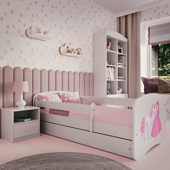 Kinderbett mit Barriere Ourbaby - Prinzessin mit Pony - weiß