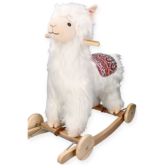 Alpaka auf Schaukelpferd mit Rädern