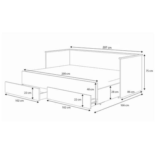 Ausziehbares Bett HELIOS mit zwei Schubladen grau 200x80/200x160