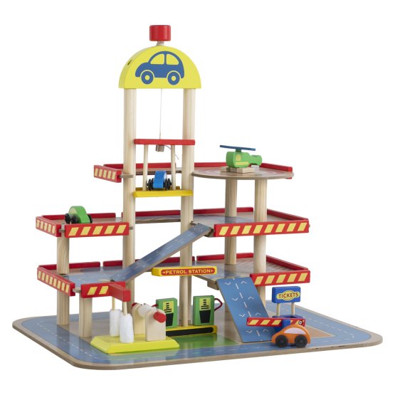 Tomis Holzgarage mit Aufzug, Spielzeugautos und Hubschrauber