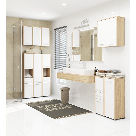 BADEZIMMERSCHRANK FIN SÄULE 30 2D 1SZ 85cm PK EICHE SONOMA / WEISS