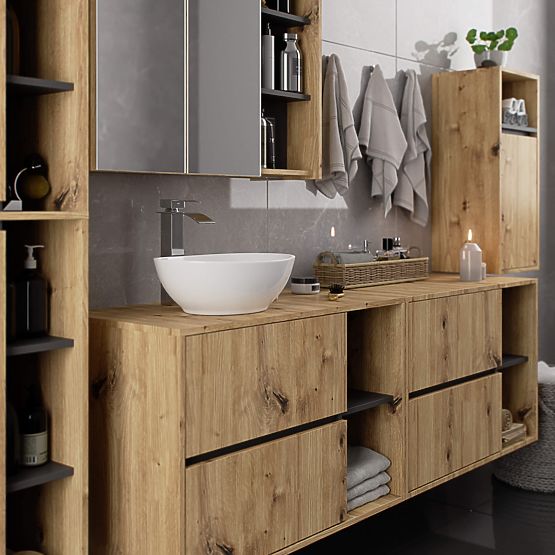 BADEZIMMERSCHRANK UNTER DEM WASCHBECKEN MIT LÖCHERN VAMI W90 UM 2SZ 2P EICHE ARTISAN / GRAPHITGRAU