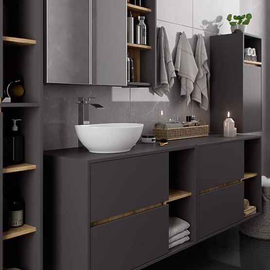 BADEZIMMERSCHRANK UNTER DEM WASCHBECKEN MIT LÖCHERN VAMI W90 UM 2SZ 2P GRAPHITGRAU / ARTISAN EICHE