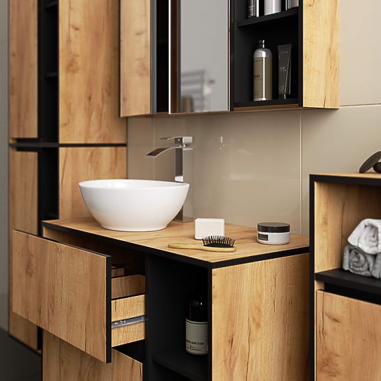 BADEZIMMERSCHRANK UNTER DEM WASCHBECKEN MIT ÖFFNUNGEN VAMI W90 UM 2SZ 2P EICHE CRAFT / SCHWARZ