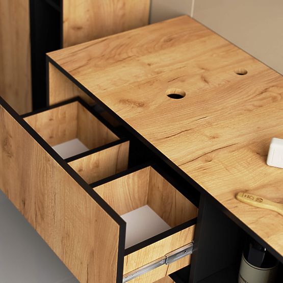 BADEZIMMERSCHRANK UNTER DEM WASCHBECKEN MIT ÖFFNUNGEN VAMI W90 UM 2SZ 2P EICHE CRAFT / SCHWARZ