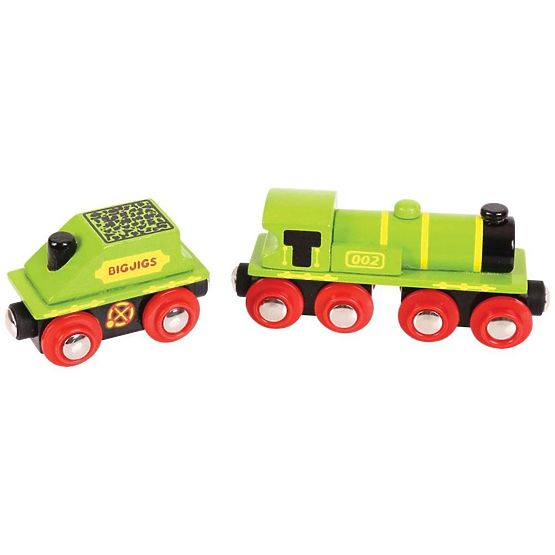 Bigjigs Rail Grüne Lokomotive mit Tender + 3 Schienen