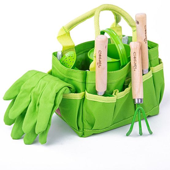Bigjigs Toys Gartenwerkzeugset in Leinentasche grün