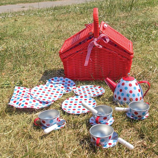 Bigjigs Toys Gepunktetes Teeset im Picknickkorb