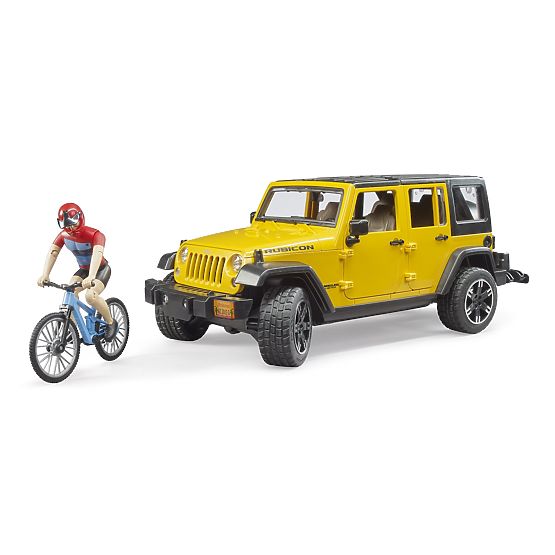 Bruder Jeep Wrangler Rubicon mit Radfahrer und Fahrrad