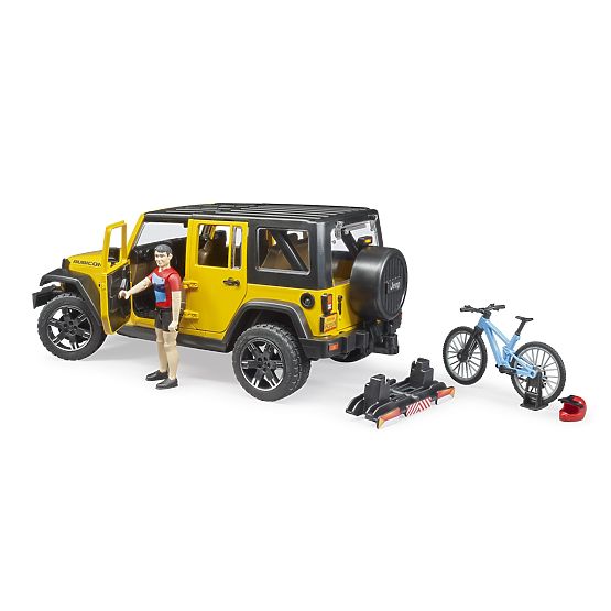 Bruder Jeep Wrangler Rubicon mit Radfahrer und Fahrrad