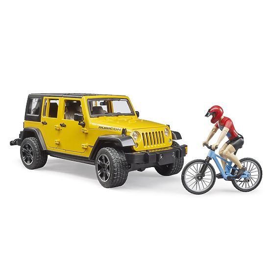 Bruder Jeep Wrangler Rubicon mit Radfahrer und Fahrrad