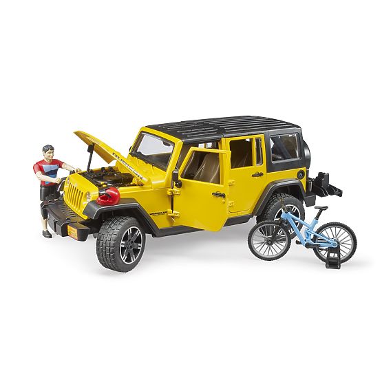 Bruder Jeep Wrangler Rubicon mit Radfahrer und Fahrrad