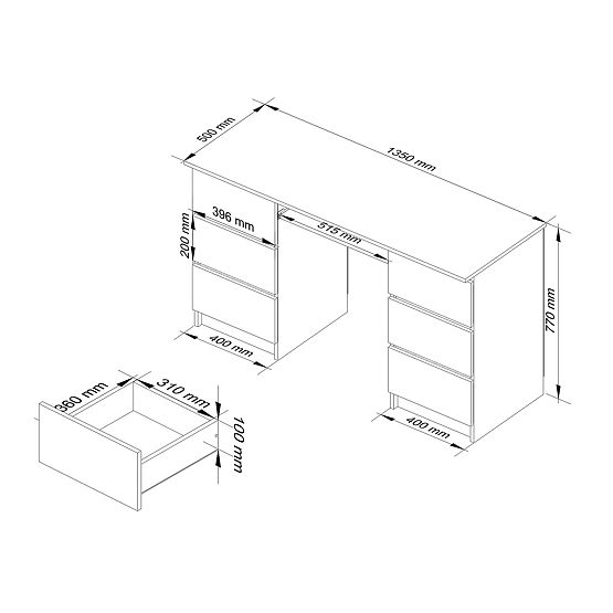 Computertisch A-11 135 cm 6 Schubladen PK weiß-grafitgrau