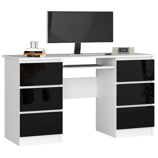 COMPUTERTISCH A-11 135 cm 6 SCHUBLADEN PK WEISS / SCHWARZ GLANZ
