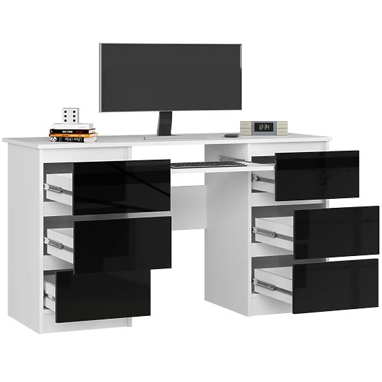 COMPUTERTISCH A-11 135 cm 6 SCHUBLADEN PK WEISS / SCHWARZ GLANZ
