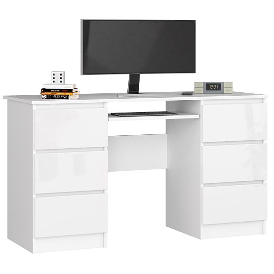 COMPUTERTISCH A-11 135 cm 6 SCHUBLADEN PK WEISS / WEISS GLANZ