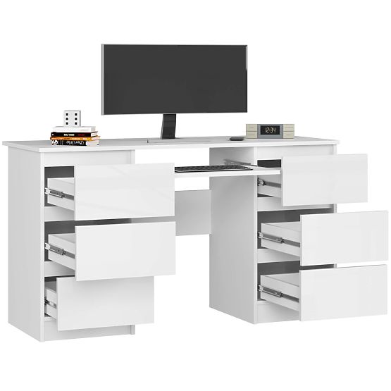 COMPUTERTISCH A-11 135 cm 6 SCHUBLADEN PK WEISS / WEISS GLANZ