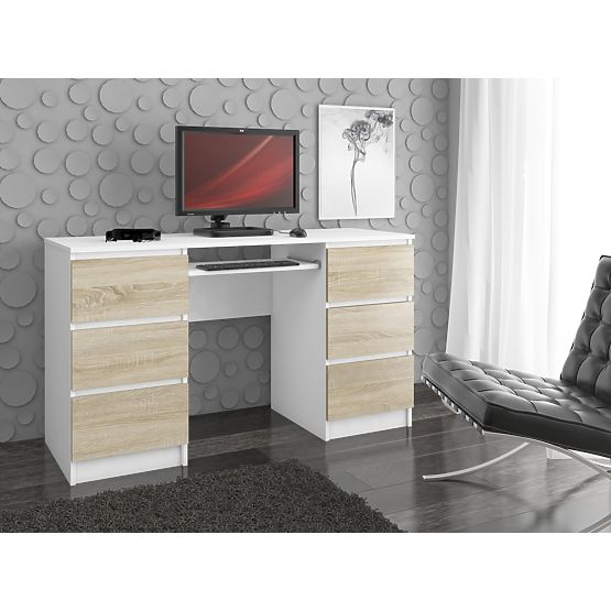 COMPUTERTISCH A-11 135 cm 6 SCHUBLADEN WEISS / SONOMA