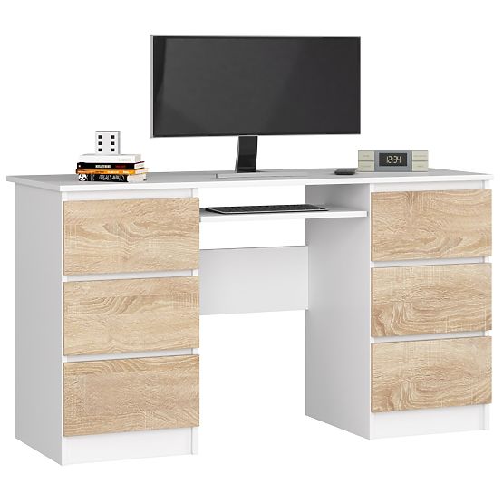 COMPUTERTISCH A-11 135 cm 6 SCHUBLADEN WEISS / SONOMA