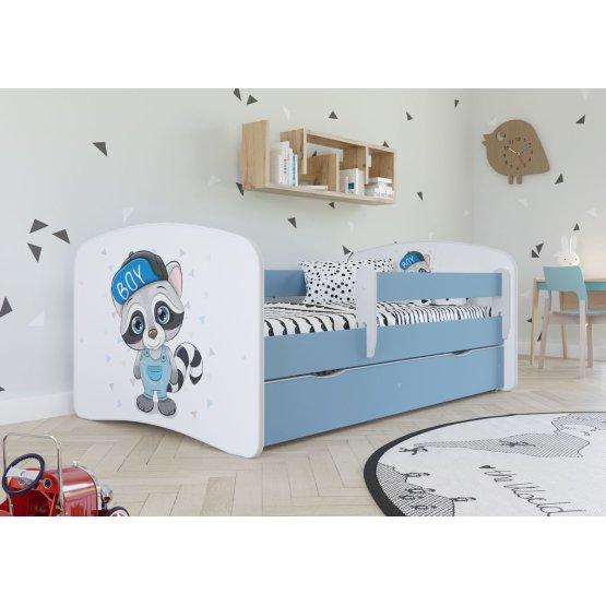 Kinder Bett mit Geländer - Waschbär - blue