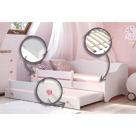 Doppelbett EMMA mit Schublade und Schutzgitter 160x80 rosa Griff