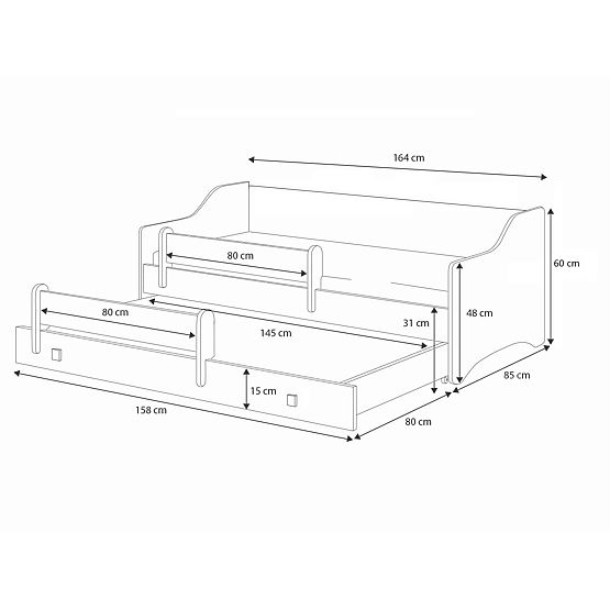 Doppelbett ERYK mit Schublade und Schutzgitter 160x80 schwarze Griffe