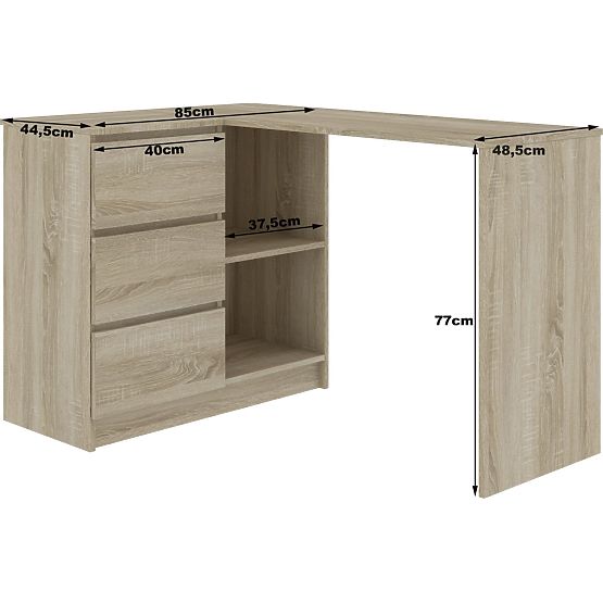 ECKSCHREIBTISCH B16 124 cm LINKS 3 SCHUBLADEN EICHE SONOMA / WEISS