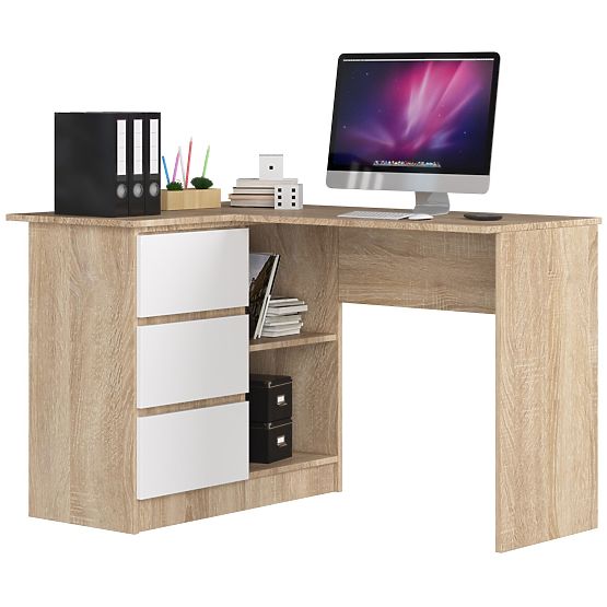 ECKSCHREIBTISCH B16 124 cm LINKS 3 SCHUBLADEN EICHE SONOMA / WEISS