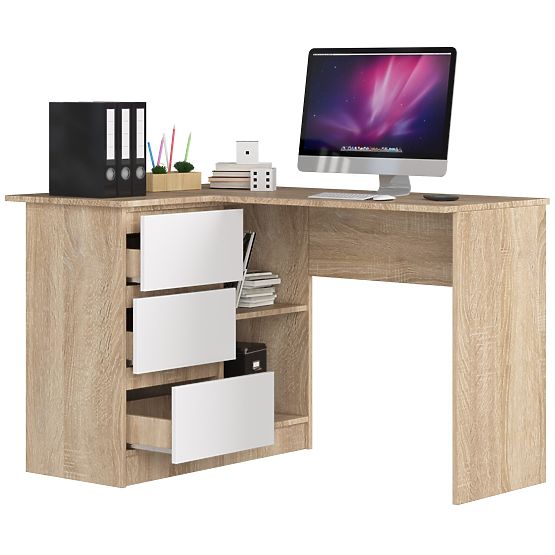 ECKSCHREIBTISCH B16 124 cm LINKS 3 SCHUBLADEN EICHE SONOMA / WEISS