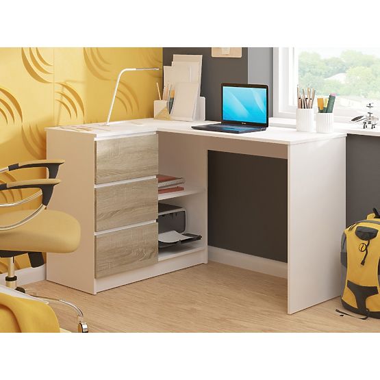 ECKSCHREIBTISCH B16 124 cm LINKS 3 SCHUBLADEN PK WEIß / SONOMA