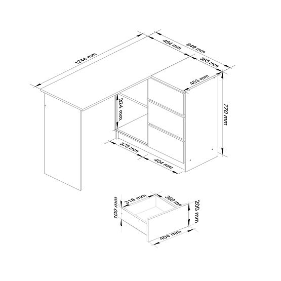 ECKSCHREIBTISCH B16 124 cm RECHTS 3 SCHUBLADEN PK WEISS / SCHWARZ GLANZ