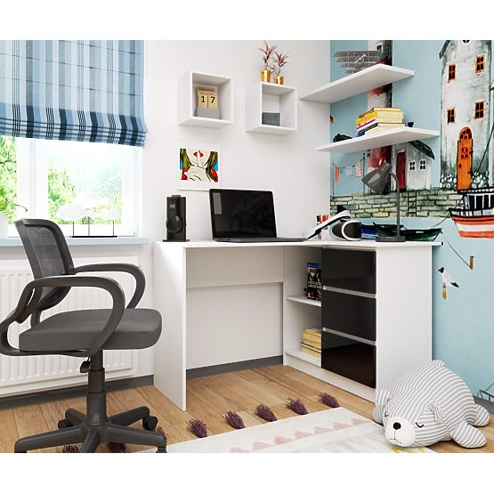 ECKSCHREIBTISCH B16 124 cm RECHTS 3 SCHUBLADEN PK WEISS / SCHWARZ GLANZ