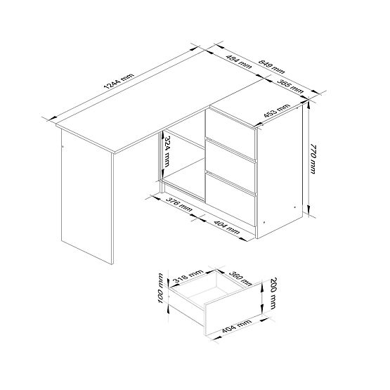 ECKSCHREIBTISCH B16 124 cm RECHTS 3 SCHUBLADEN PK WEISS / WEISS HOCHGLANZ