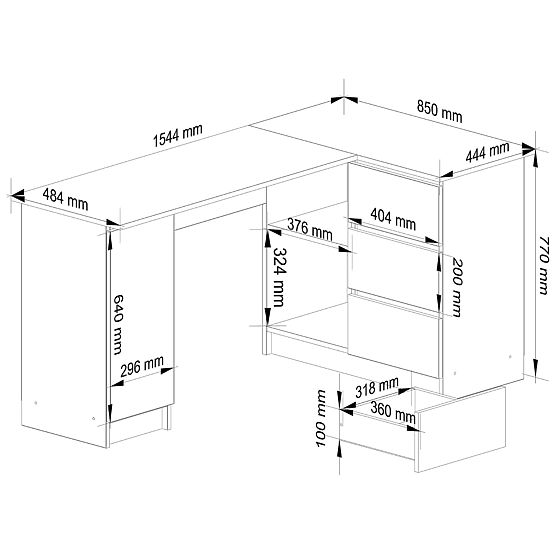 Eckschreibtisch B20 155 cm rechts - PK Eiche Artisan-weiß - 3 Schubladen