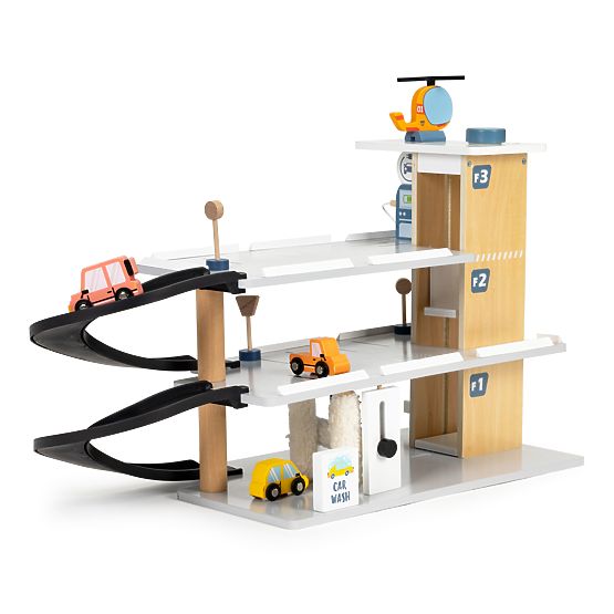 Große Holzgarage mit Aufzug + Autos, Hubschrauber, Waschanlage ECOTOYS
